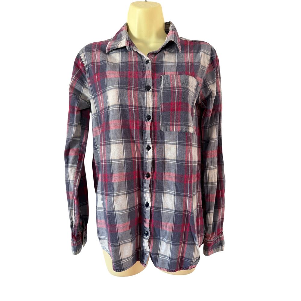 Passport Plaid Button Up Lightweight Blouse Juniors Size Medium